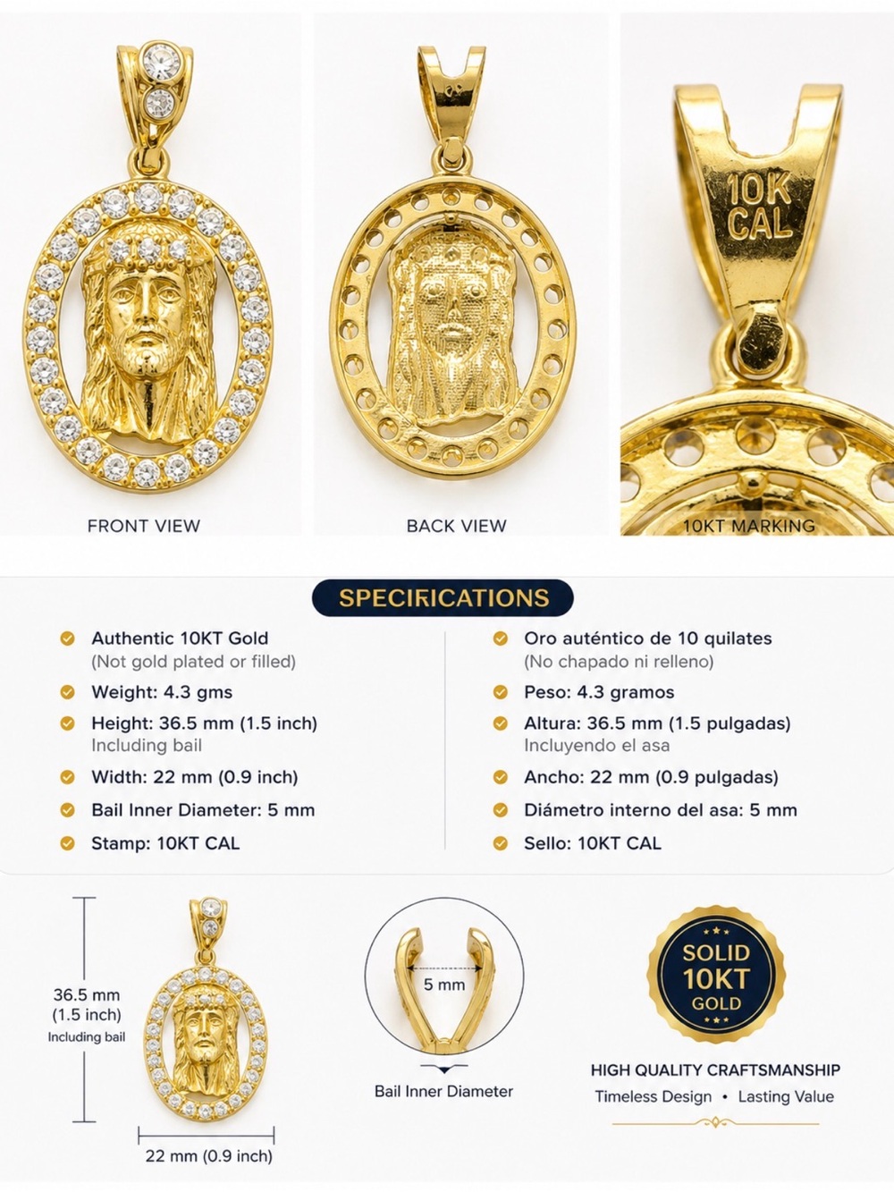 10KT Gold Jesus Head Pendant with Clear Stones - Women Jewelry